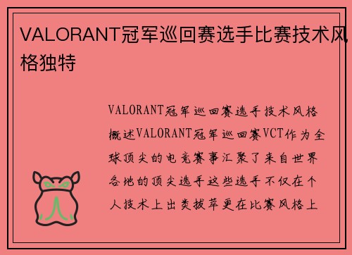 VALORANT冠军巡回赛选手比赛技术风格独特