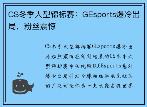 CS冬季大型锦标赛：GEsports爆冷出局，粉丝震惊